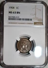 NGC MS-63 BN 1908 Indian Head Cent, Frosty, Chocolate-Brown specimen.