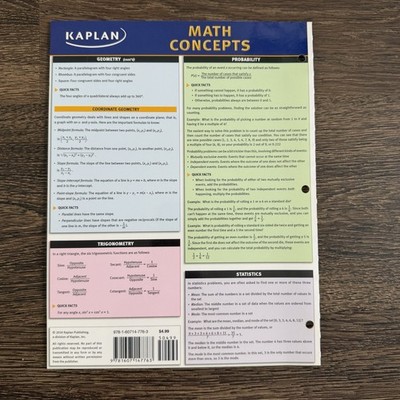Kaplan Math Concepts Quick Reference Guide Algebra Geometry Study 