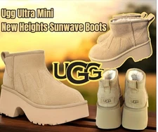 UGG Women's Ultra Mini New Heights Sunwave Suede Ankle Boot Beige Size 9 NWOB