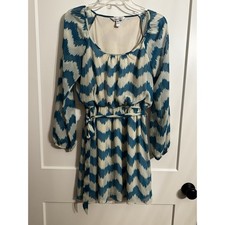 Speechless Cream & Teal Chevron Print Dress Sz M Lined Sheer Long Sleeve Y2K