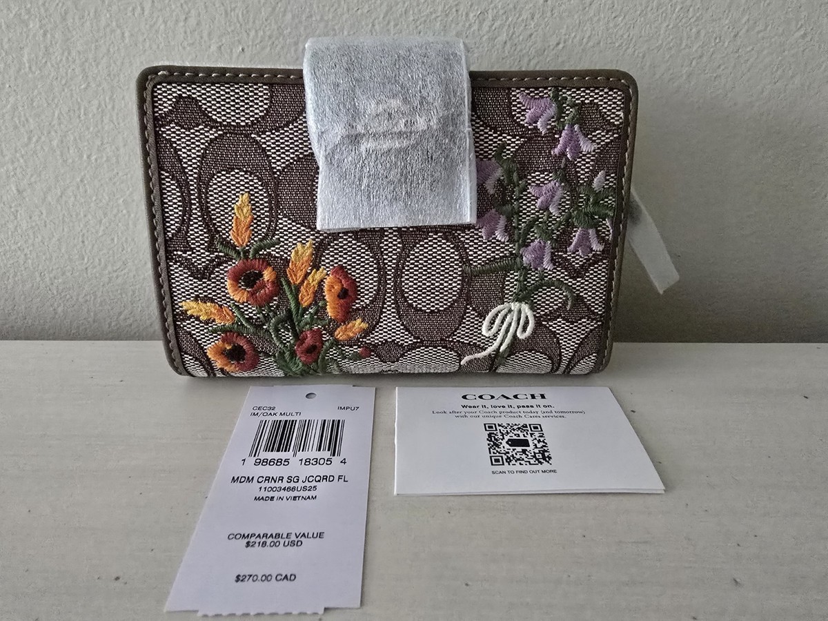 COACH CEC32 Medium Corner Zip Wallet Signature Jacquard w Floral