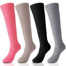 Geyoga 4 Pairs Long Fuzzy Socks for Women Black, Khaki, Dark Gray, Rose Red