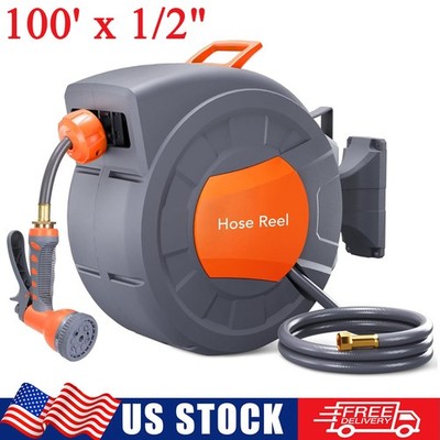 Retractable Hose Reel Garden Water Hose Reel 100'x1/2'' 180° Swivel Wall-Mounted