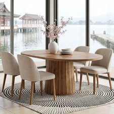 Oval Dining Table 55" Walnut Brown Fluted Pedestal Base Modern Farmhouse Kitchen
