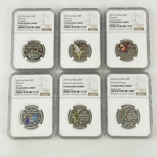 NGC Graded Proof Silver Isle Of Man Peter Pan 50p Set Colorized PF68 Graded 2019