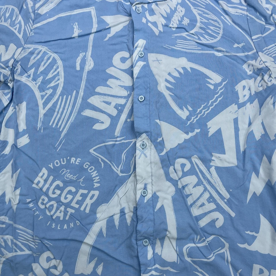 Jaws Shirt Mens Large Blue Button Up Rayon Hawaiian Beach Closed Shark Movie - Image 4 of 4