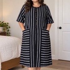 Soft Surroundings PXL Black Grey Striped Cotton Midi Tunic Dress lagenlook