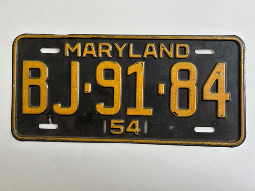 1954 Maryland License Plate All Original - Single Plate Year (no pairs)