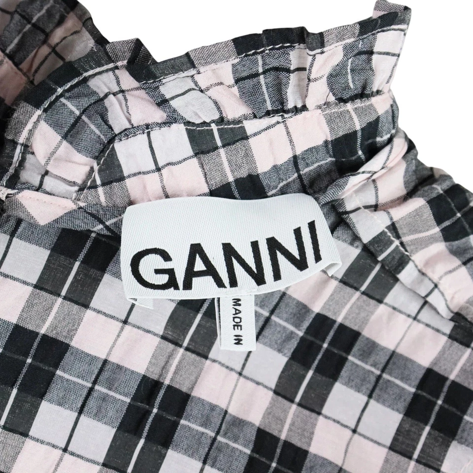 GANNI Mini Vestido Mujer 40 Charron Rosa Cuadros Cuadros Seersucker Volantes Cuello Simulado Foto 3 de 4