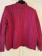 Vintage 90s Cable Knit Mock Neck Sweater Women's Size Large Pullover Bright Pink