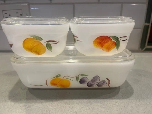 Fire King Gay Fad Fruits - Set of 3 Oven/Fridge Dishes with Lids - MCM - EUC