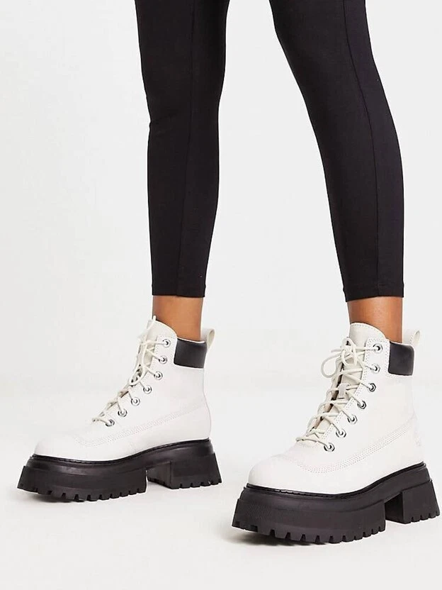 Timberland Sky 6 pollici stivali stringati stivaletti da combattimento in pelle bianchi taglia 7 o 9 NUOVI