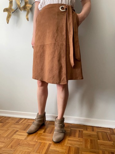 White House Black Market Skirt Womens Size 0 Brown Faux Suede Wrap Tie Pockets - Picture 2 of 10