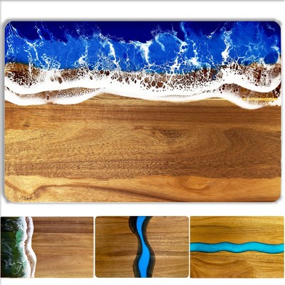 Handcrafted Acacia Wood Cutting Board Resin Blue Wave Pattern for Kitchen Mea...