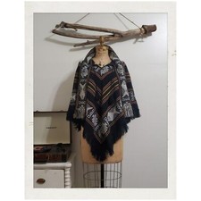 Vintage Blue Fringe Woven Knit Shawl Boho Chevron Design Aztec Scarf Poncho Cape