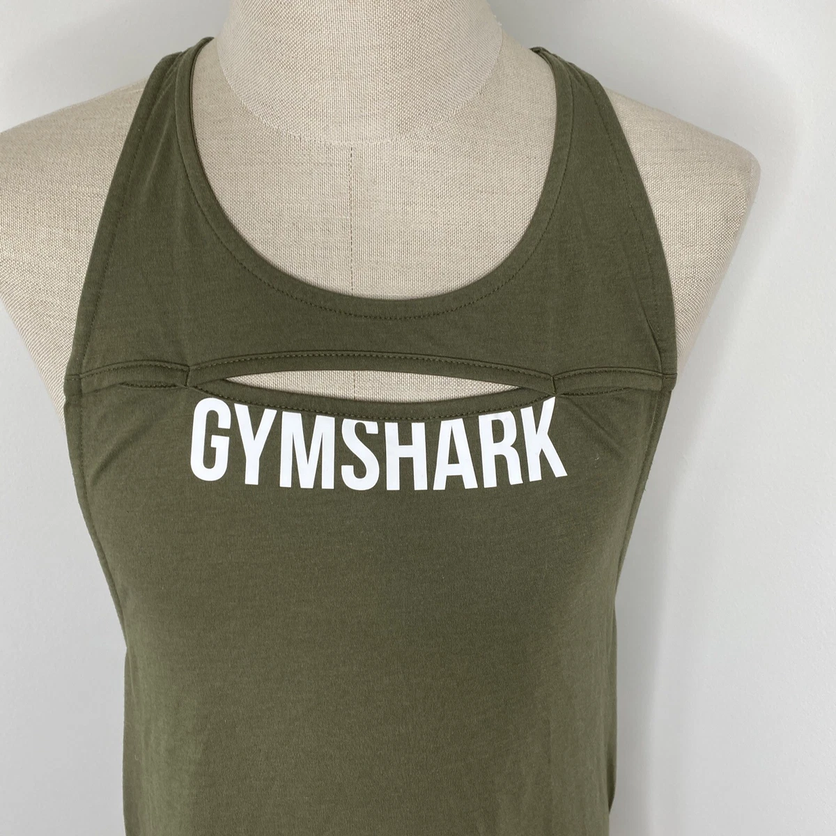 Gymshark tank top size M Womens Racer Back Olive Green OPen Front Logo  Spellout