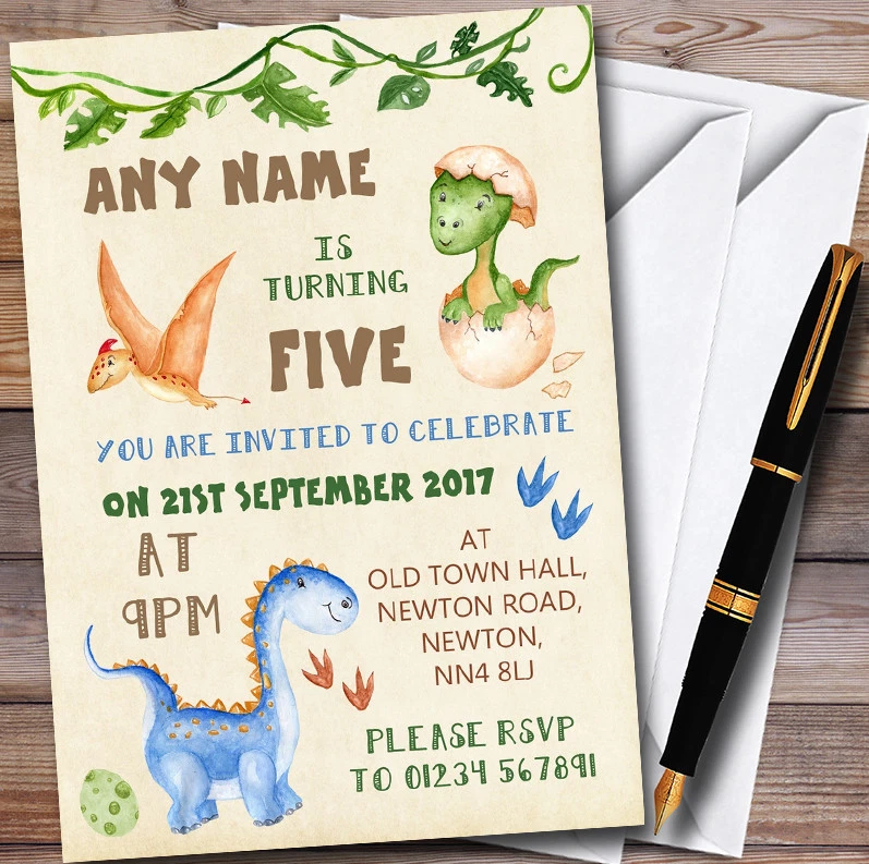 THECARDZOO Watercolour Cute Dinosaur Personalised Childrens Birthday Party Invitations