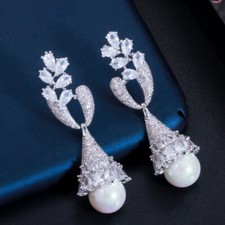 Cubic Zirconia CZ Symmetrical Leaf Long Dangle Pearl Drop Silver Plated Earrings