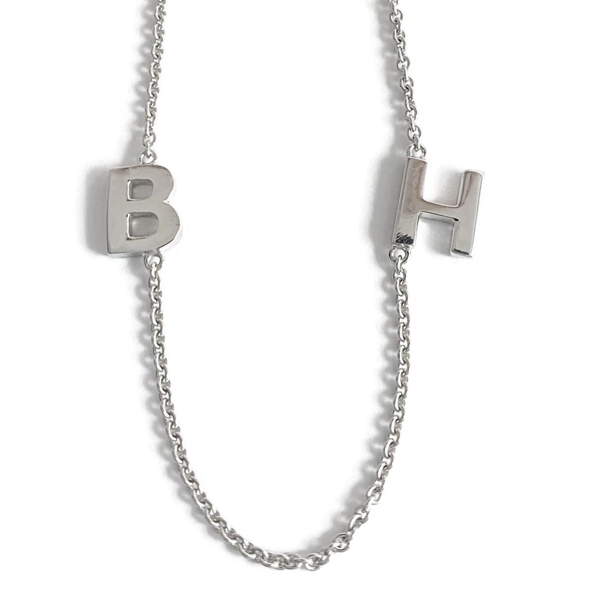 Letter B H Initial Charm Station Necklace 14K White Gold, 16