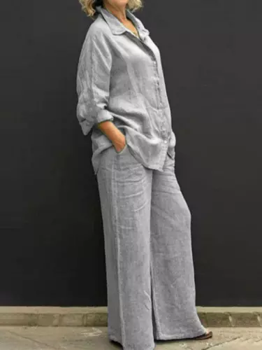 Casual Cotton Linen Two Pieces Set Women Long Sleeve Shirt Trousers Set Suits - Picture 14 of 25