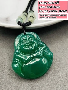 Jade Bouddha Charm Pendentif Collier W/ Perles cordon Fait à la main Gemme verte sculptée