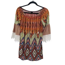 Win Win Half Sleeve Lace Knit Tunic Top Womens Large XL Chevron Crochet Multicol