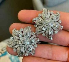 Real Moissanite 3Ct Round Cut Flower Stud Earrings 14K White Gold Plated Silver