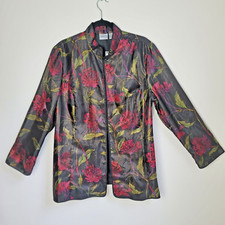 Chico's Mosaic Garden Marta Black Floral Silk Asian Beaded Jacket Size 3 XL 