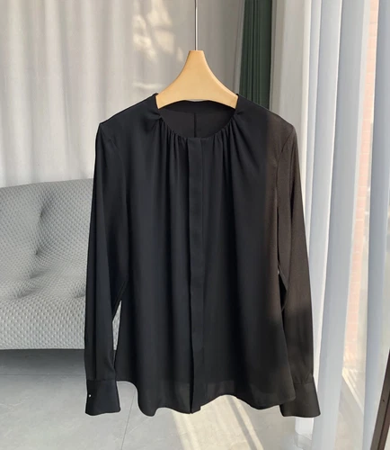 Damen Langarm 100% echte Seide Knopf Rundhals Shirt Bluse Büro Damen OL - Bild 31 von 38