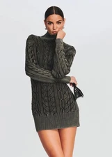 Ser.o.ya Storme Cable Knit Sweater Dress XS Charcoal Gray Mini Turtleneck