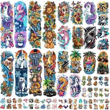 52 Sheets Temporary Tattoos for Kids Full Arm 9X28Cm, 7X12Cm, 5.6X9.5Cm, Blue