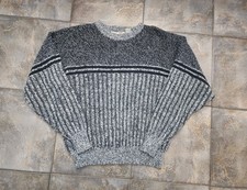 Vintage 90s Weekends Men's Medium Gray Striped Grandpa Crewneck Sweater