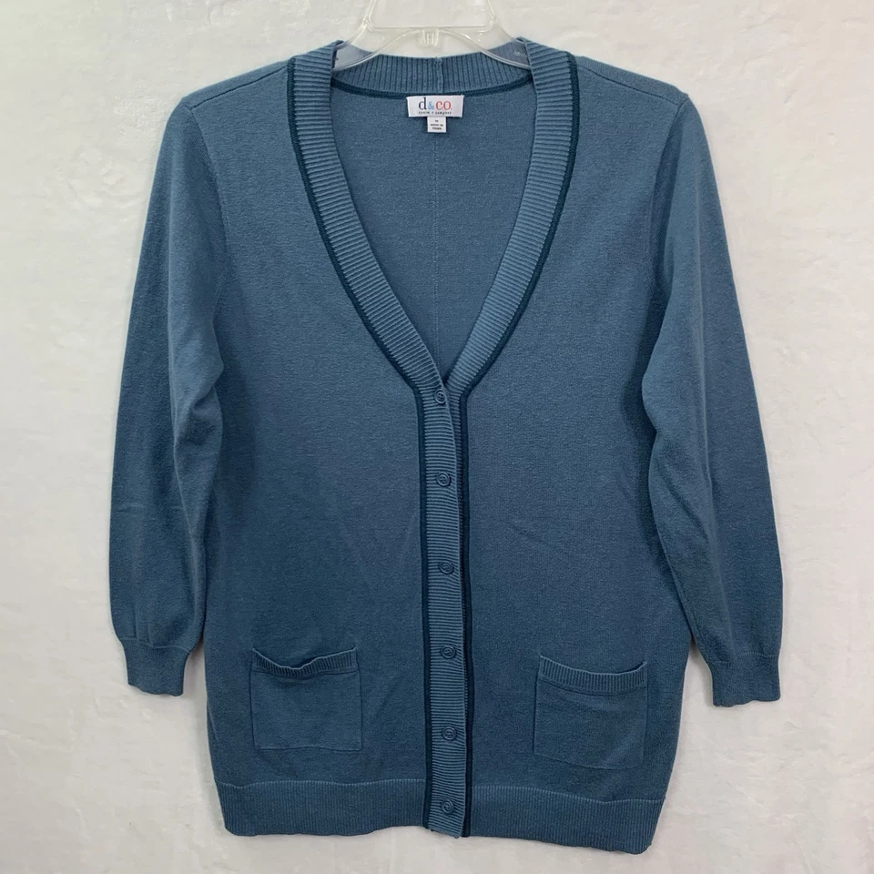 Cárdigan Denim & Co. Para Mujer Talla Mediana Azul Botón Frontal Manga 3/4 Bolsillos Foto 2 de 4