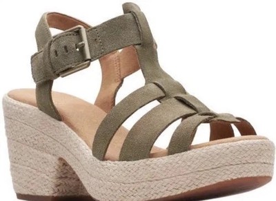 Clarks Ladies Olive Suede Sandals Maritsa 70 Tee Wedge Sandals UK