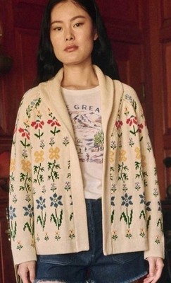 1 THE GREAT Garden Lodge Sweater M Intarsia Open Floral Cardigan Pristine