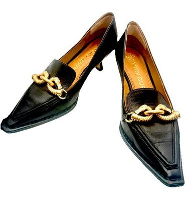 Tory Burch Jessa Black Leather Pumps Gold Equestrian Accents Pointed Toe 6M US