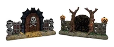 Halloween Village Accessory Set of 2 Gated Rock Walls Spooky Trees Pumpkins