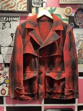 Vintage 1940s Sears Roebuck Hercules Red Plaid Wool Mackinaw Car Coat Chore