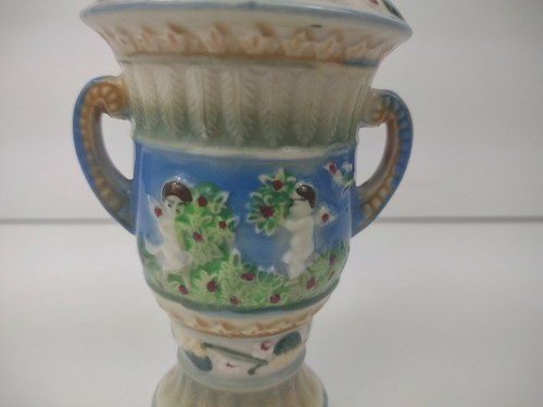 Vintage Japan Hand Painted Majolica Urn Vase 5" tall x 3.5" wide blue angel - Picture 5 of 12