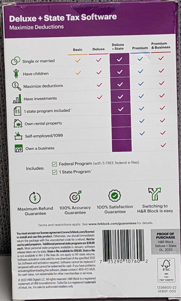 Block Financial Software H&R Block Tax Software Deluxe State 2022