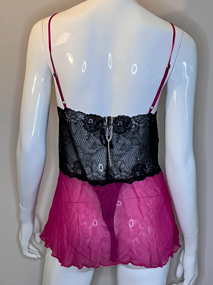 Bodysuit Samantha Chang Babydoll Feminino Sexy Lingerie de Seda Preto Rosa Renda - Imagem 4 de 4