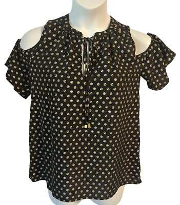 Michael Kors Cold Shoulder Blouse Shirt Top Black Logo Polka Dot Size Small