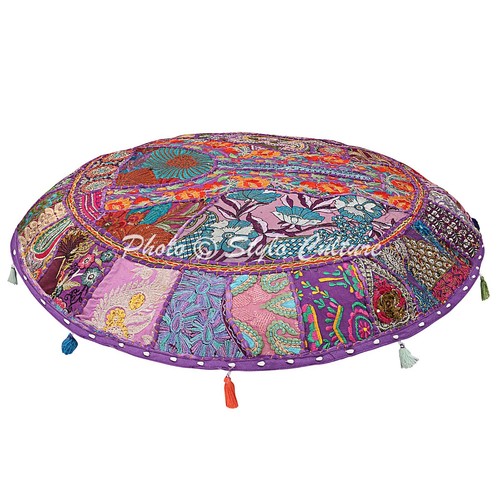 Purple Vintage Patchwork Floor Pillow Bohemian Round Floor Cushion Covers Poufs - Picture 2 of 6