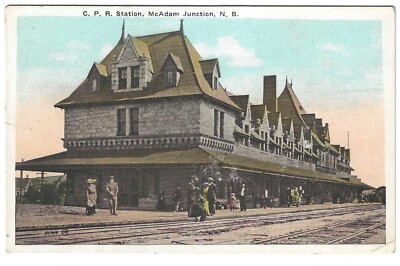 McADAM JUNCTION, N.B. POSTCARD C.P.R. Station, Passengers Waiting, Tracks