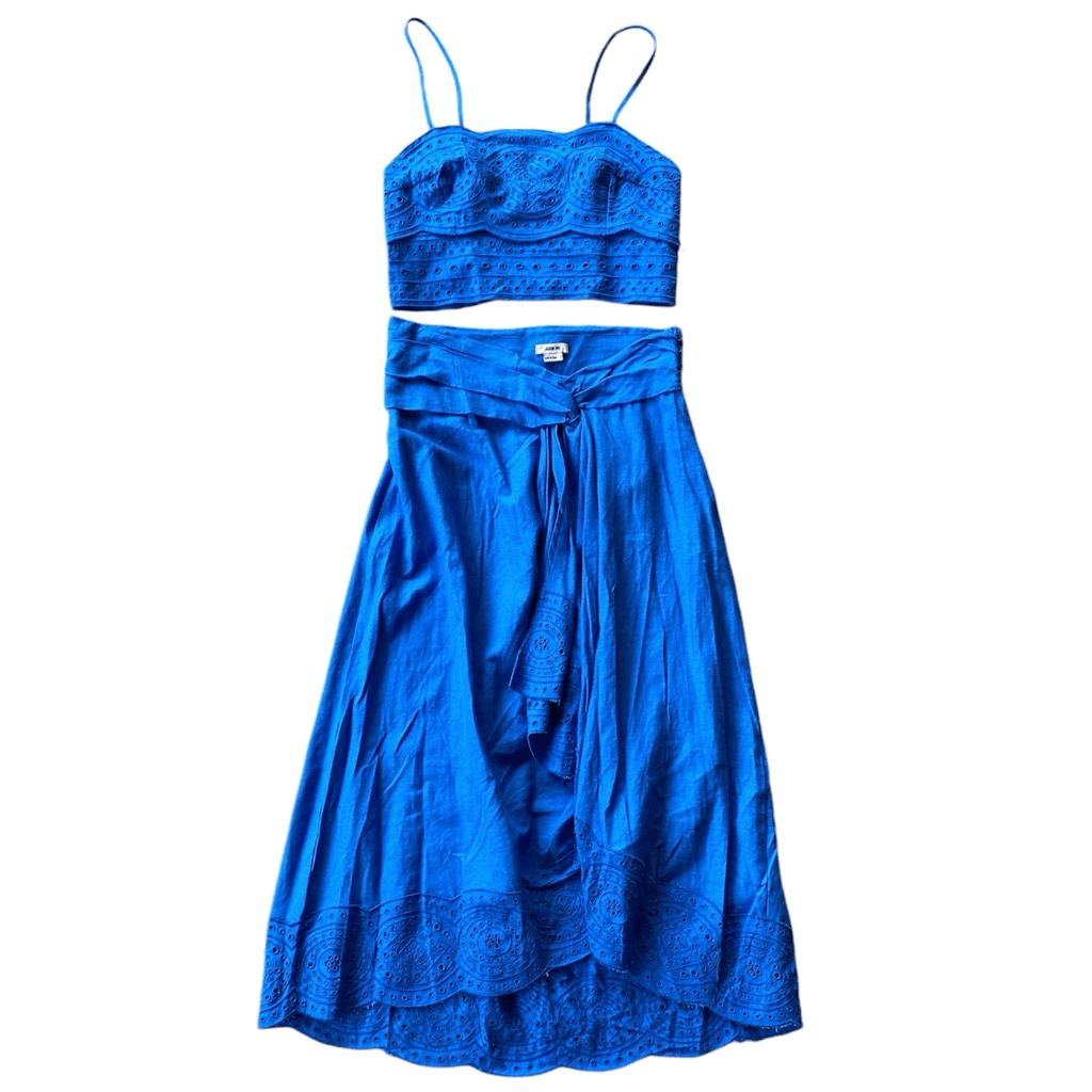 Jason Wu Blue Linen Blend Embroidered Crop Top & Ruffle Jason Wu Blue Linen Blend Embroidered Crop Top & Ruffle