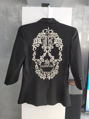 Philipp Plein Black Skull Embroidered Wool Polyester Blazer Suit Jacket Sz XS