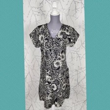 Le Nove Black Floral Paisley Print 100% Linen Flowy Midi Dress | Women's OS