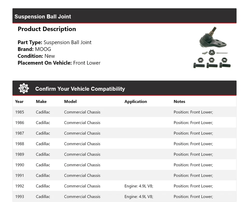 For 1985-1993 Cadillac Commercial Chassis Suspension Ball Joint Front Lower MOOG - Image 2 of 4