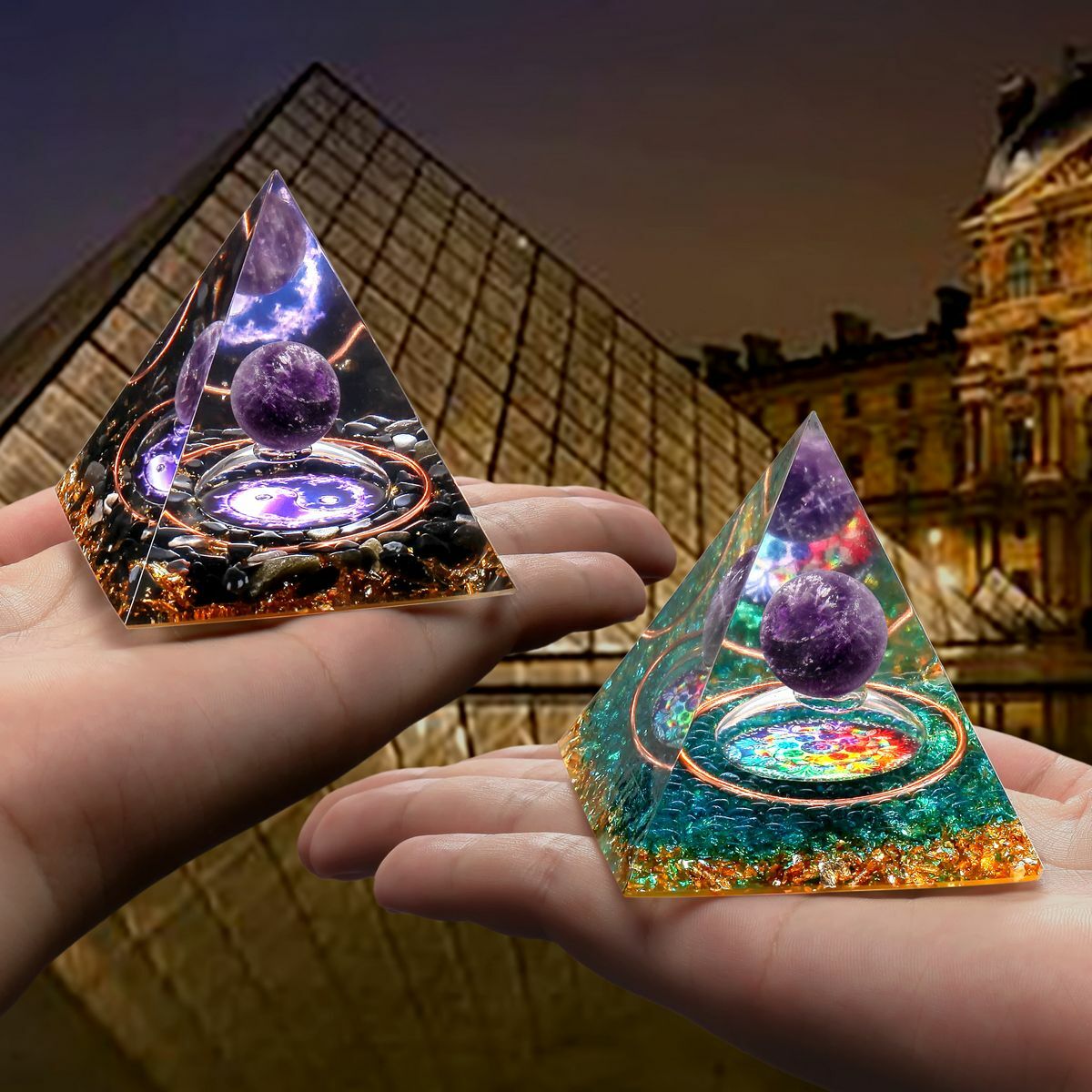 Amethyst Crystal Sphere Orgonite Pyramid Obsidian Chakra