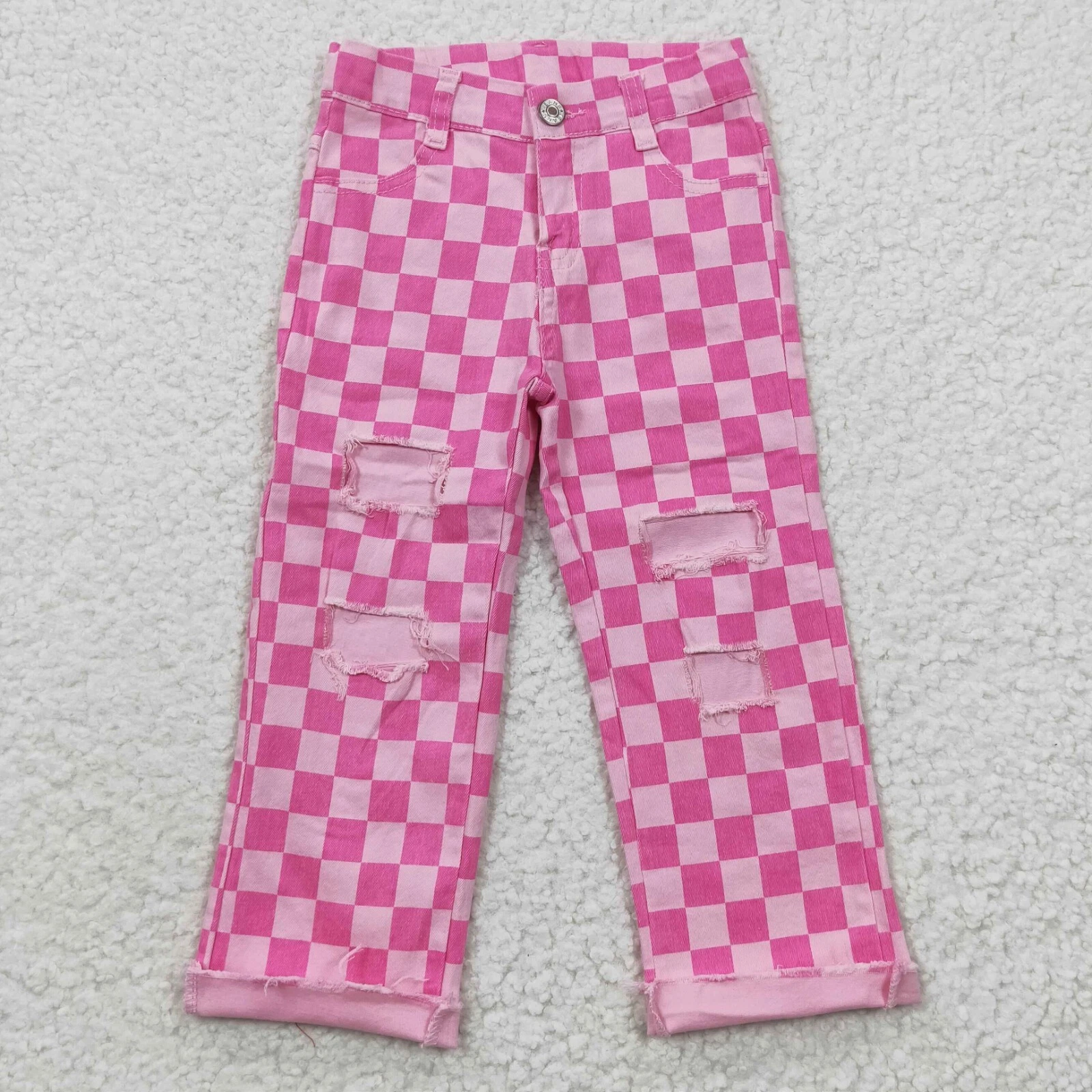 Kids Girls Jeans Pink White Checker Denim Trousers Leggings